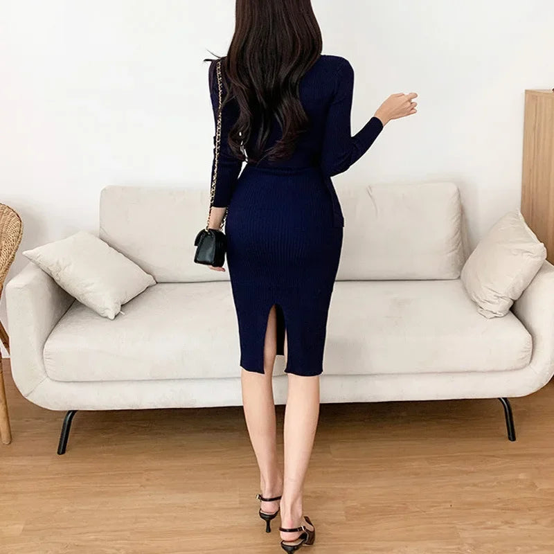 Elegant Sexy Single Breasted Stand Collar Long Sleeve Bodycon Dress Solid Color Stretch Knit Tight  Slim Autumn Winter Dresss