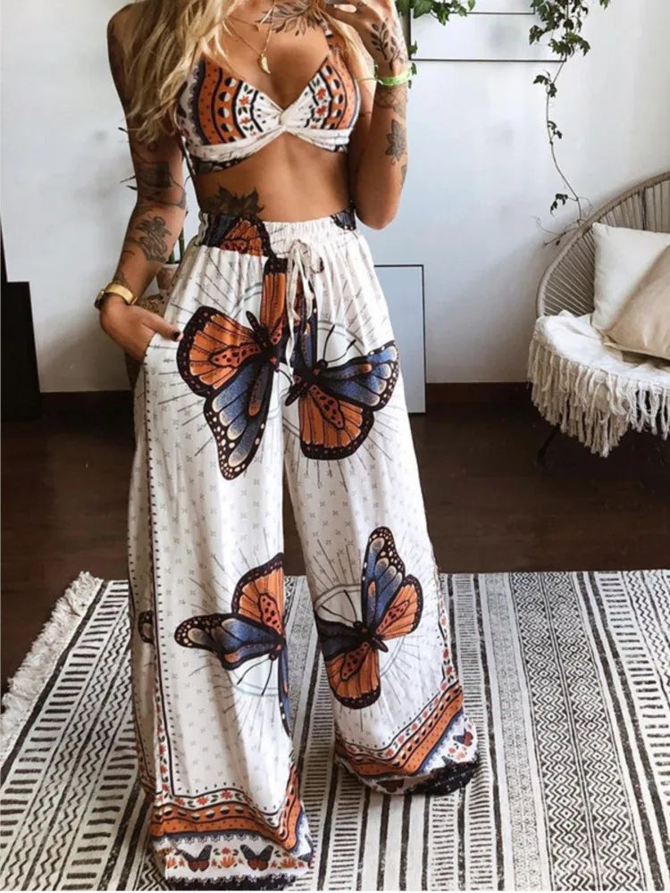 Sexy Two Piece Set Women Outfit 2025 Summer Butterfly Print V-Neck Cropped Top High Waist Drawstring Casual Wide Leg Pants Sets
