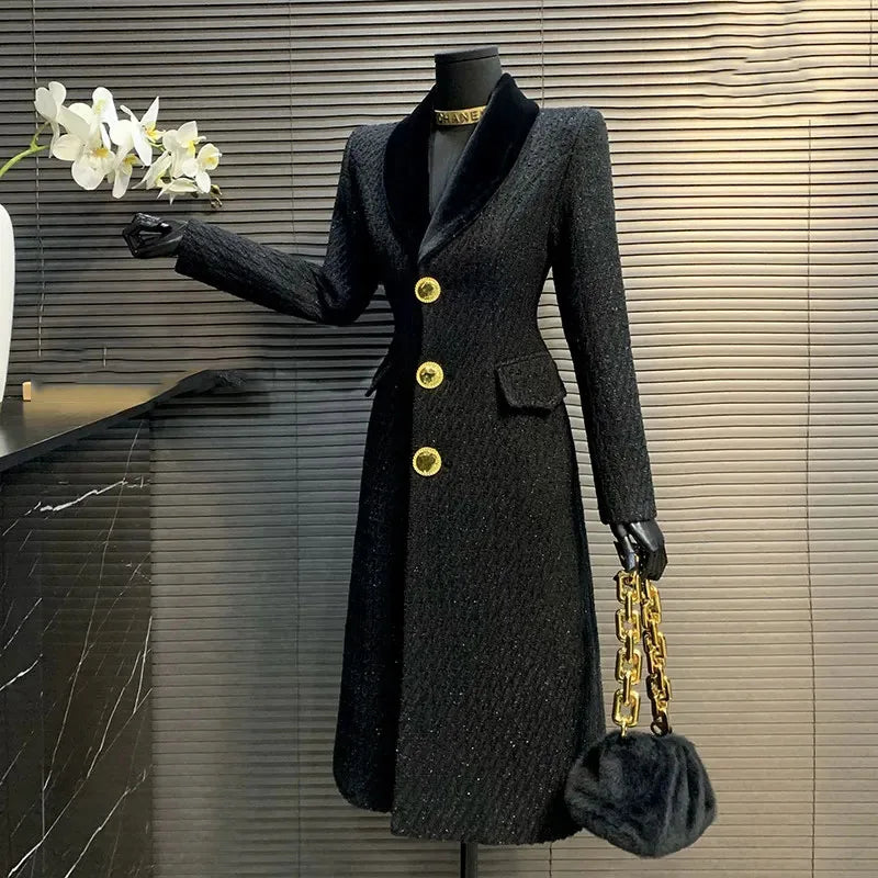 High Quality Women Woolen Coat Korean Style 2025 New Mid-Length Autumn And Winter Black Temperament Slim Women Woolen Coat H497