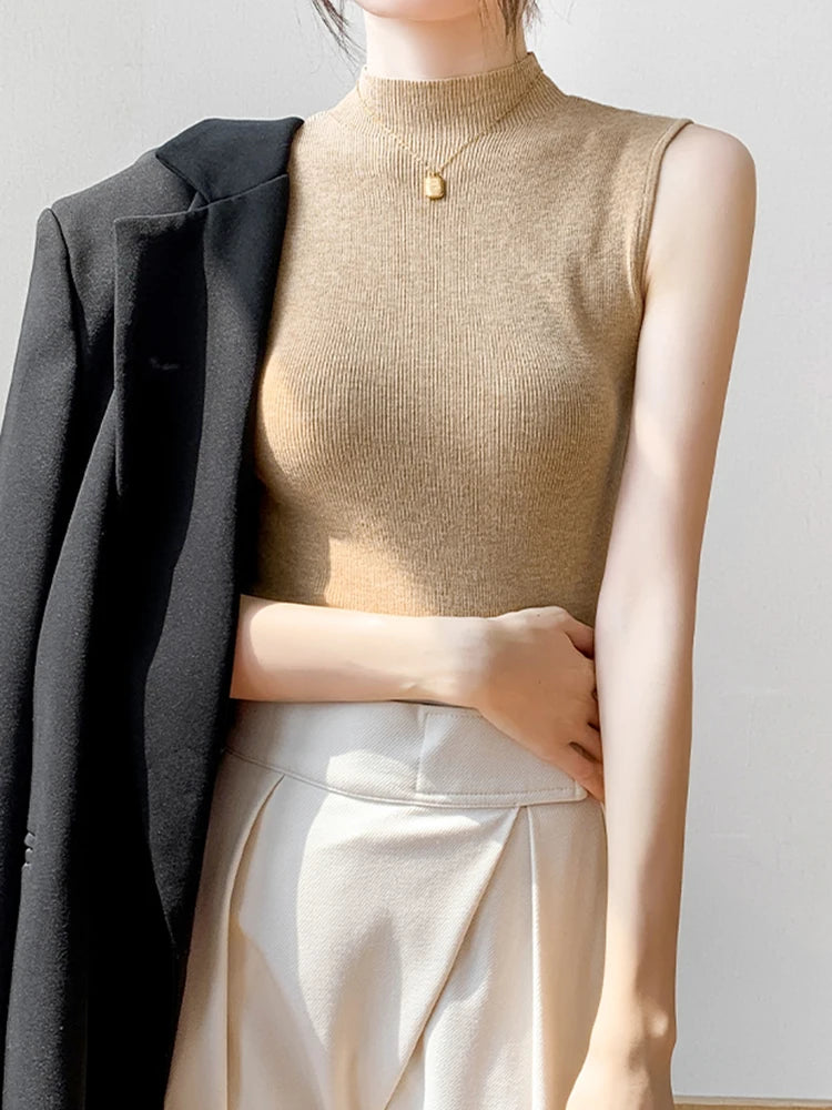 Sexy Summer Turtleneck Tank Tops Women Ribbed Sleeveless Solid Slim Top Female Sleveless Camisole Vest Casual Knitted Camis 2025
