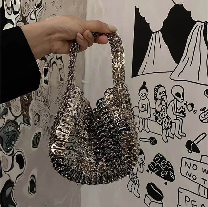 Women's Bag 2025 Trend luxury Designer Handbag Metal Chain Tote Bag Hollow Evening Bag Clutch Female Travel Holiday Shoulder Bag