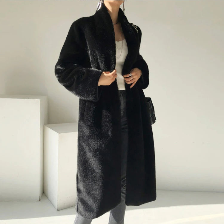 Lautaro Winter Long Black Luxury Elegant Stylish Thick Warm Fluffy Hairy Soft Faux Mink Fur Coat Women Stand Collar Sashes 2023