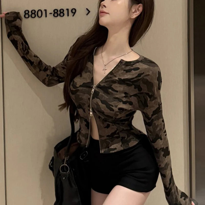 Women Tank Tops Backless Sexy Outfits Long Sleeves Cross Lace Up Bralette Crop Top autumn Streetwear zipper camouflage uniform