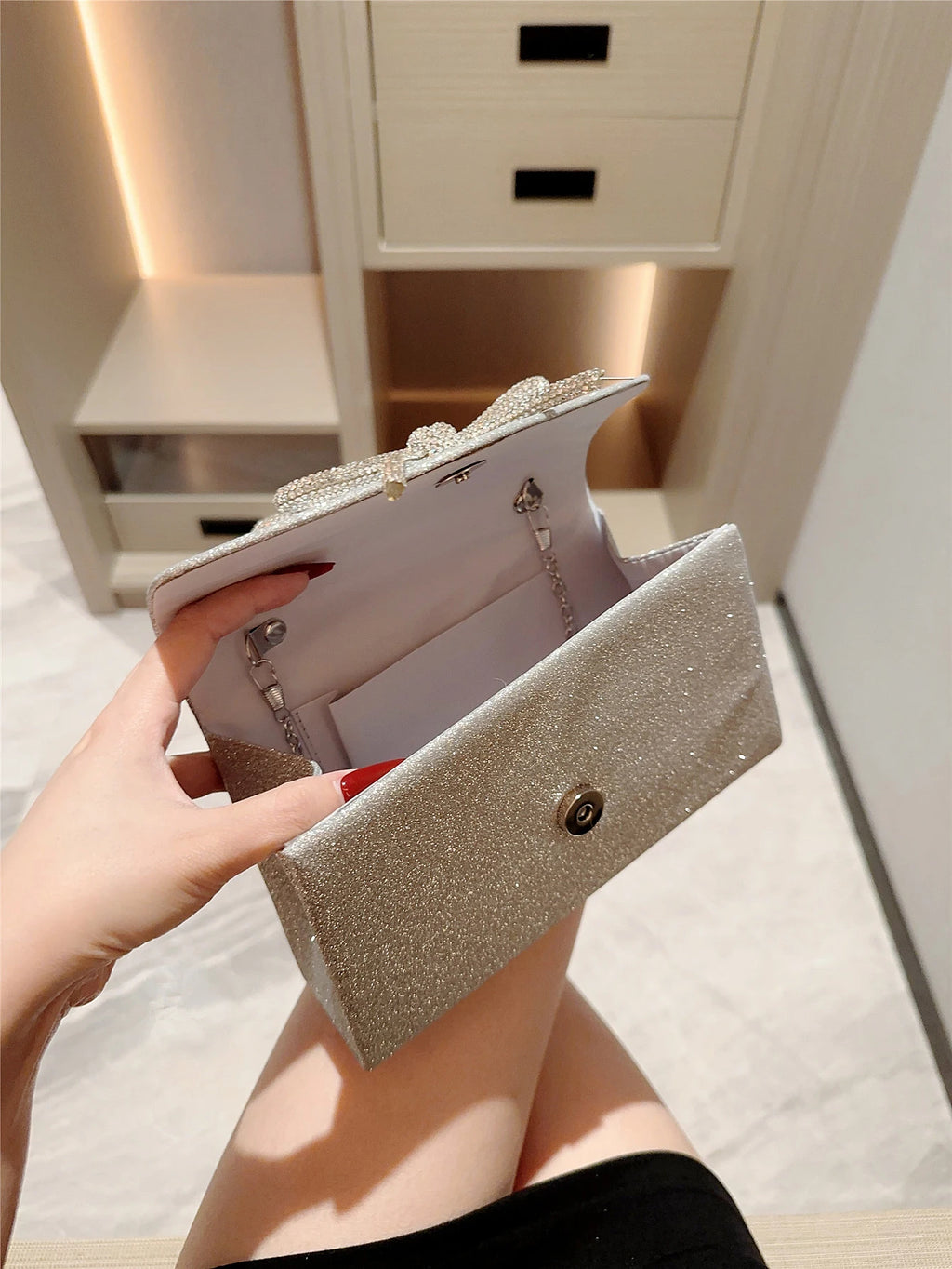 Evening Bag Dress Versatile European and American Clutch Bag Crossbody Celebrity Fashion Diamond Bow Chain Bag