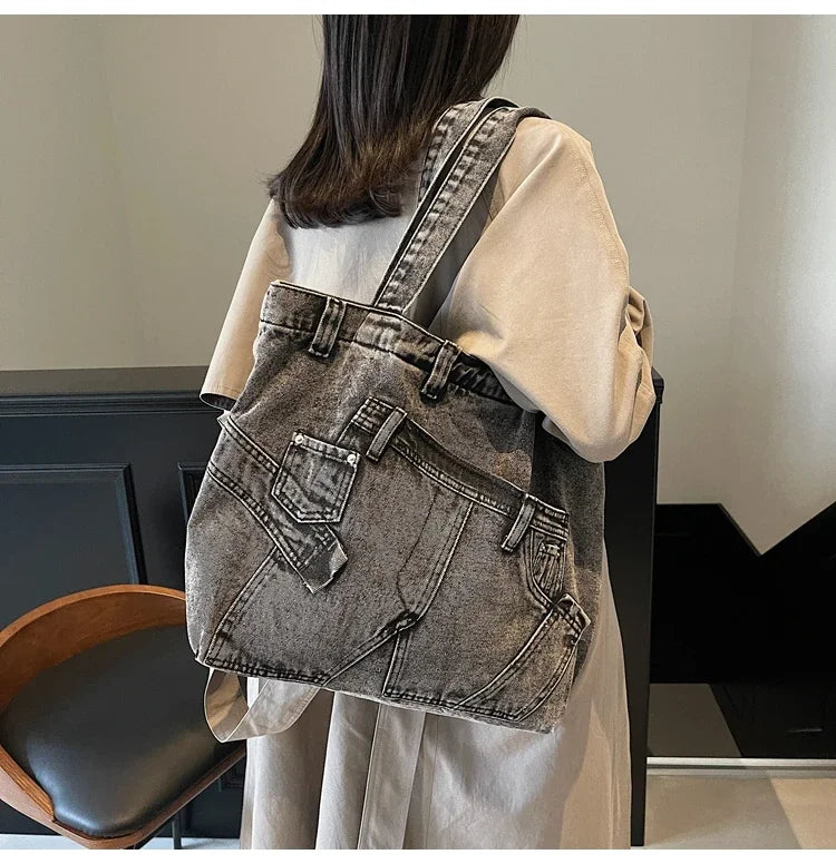 2025 Spring New Hot Sale Denim Tote Bags Solid Large Capacity Personality Retro Durable Commute Style Shoulder Bags for Women