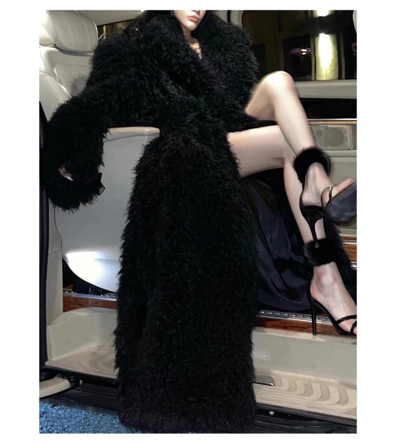 Lautaro Winter Extra Long Soft Thick Warm Fluffy Black Fuzzy Shaggy Hairy Faux Fur Coat Women Sashes Luxury Furry Overcoat 2023