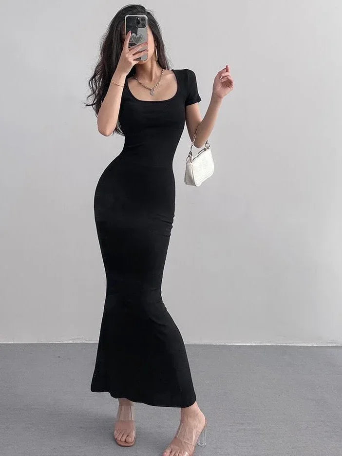 Long Dresses Women Solid Simple Elegant Partywear Gentle Trumpet Vestidos Slim French Vintage Night Club Temper Womens Daily