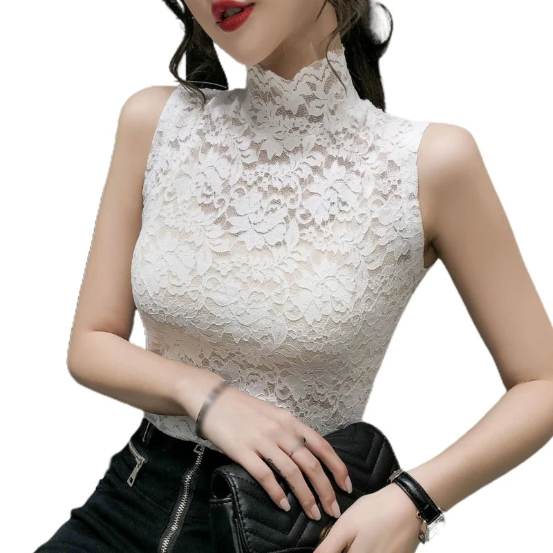 Women Lace Tunic for Tank Bottoming Tops Sleeveless High Turtleneck Fitted for Tank Top Sleeveless Mock Dropship
