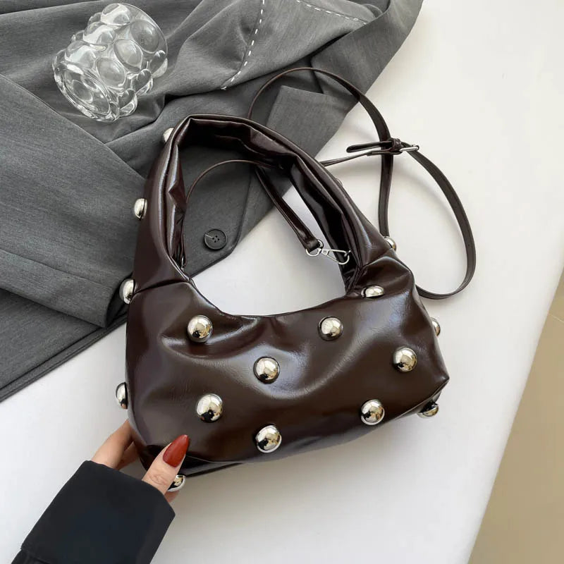 Black Half Moon Underarm Bag For Women Luxury Studded Beading Handbags Red Purse Solid Color Pu Leather Shoulder Crossbody Bags