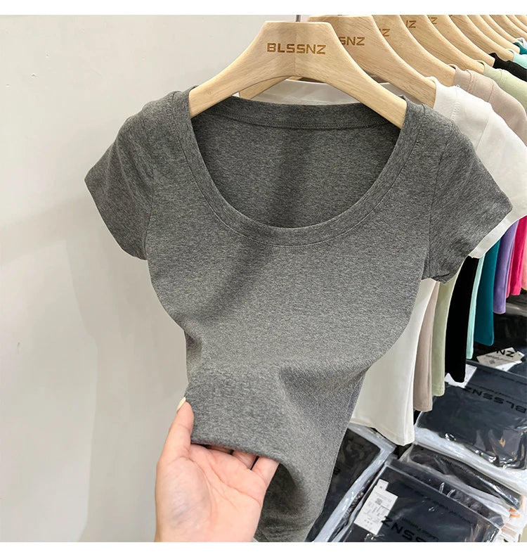 2025 Sexy Square Collar Slim T Shirt Women Cotton Elastic Basic Solid Female Casual Tops Short Sleeve Thin T-shirts See Through