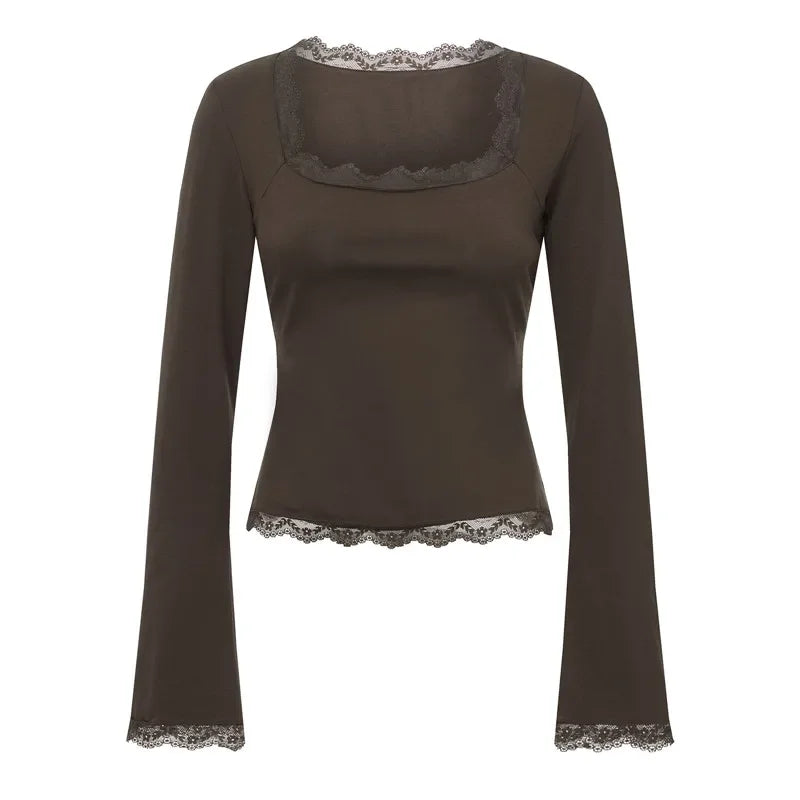 Women's Spring Lace Trim Tee Shirt Blouses Fashion Long Sleeve Square Neck Slim Trendy Party T-shirt Y2K Streetwear