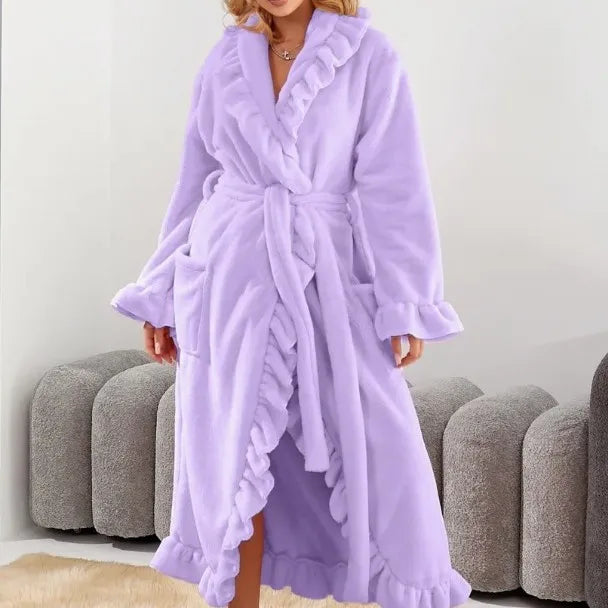 Women's Long Warm Robe Home Wear 2025 Autumn and Winter Coral Velvet Thickened Bathrobe Casual Soft Solid Lace Up Loungewear