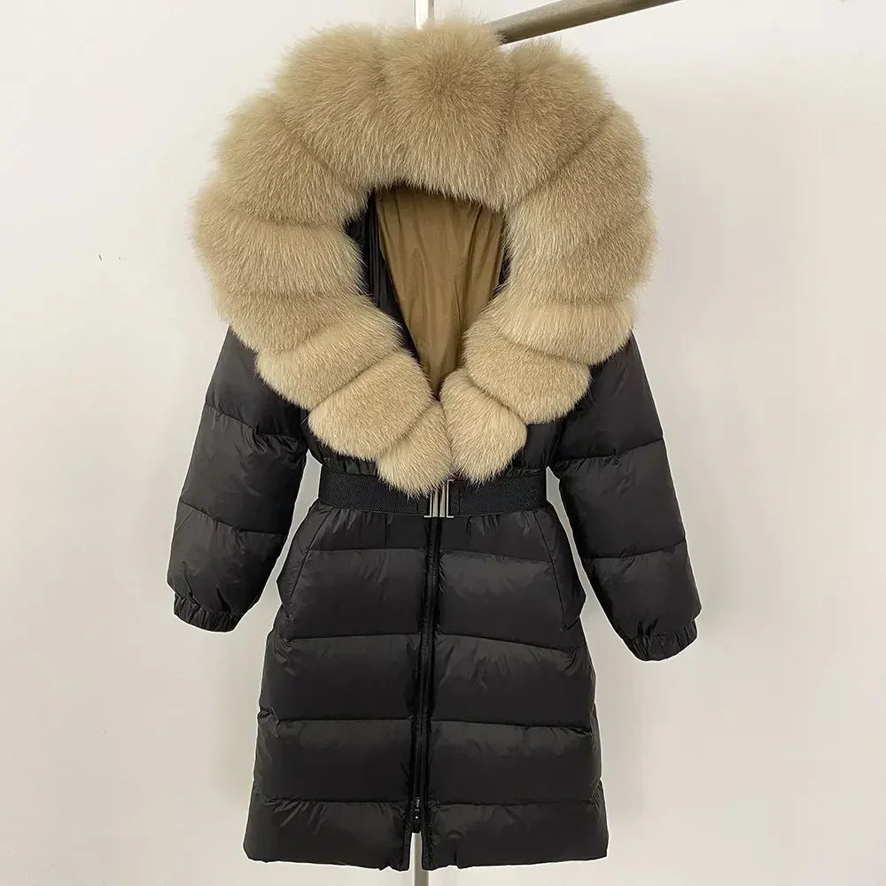 90% White Duck Down Coat New Natural Thick Warm Long Winter Jacket Women Real Big Fox Fur Collar Belt Loose Puffer Parka