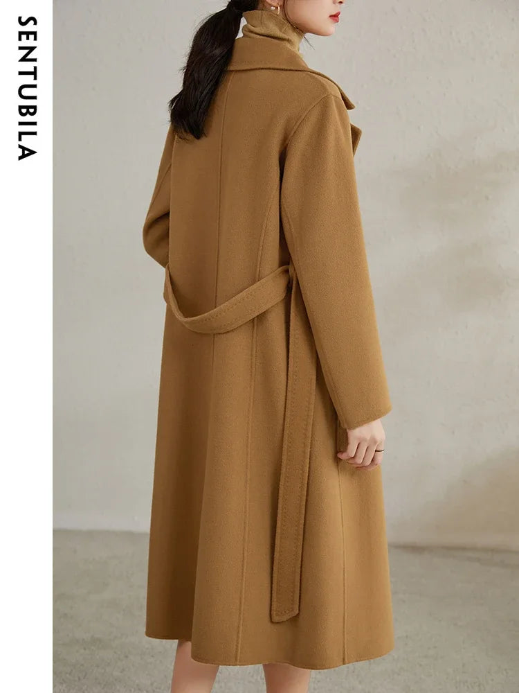 SENTUBILA Women 100% Wool Long Wrap Coat 2025 Elegant Notched Collar Belted Warm Double Faced Woolen Winter Overcoat W24O43352