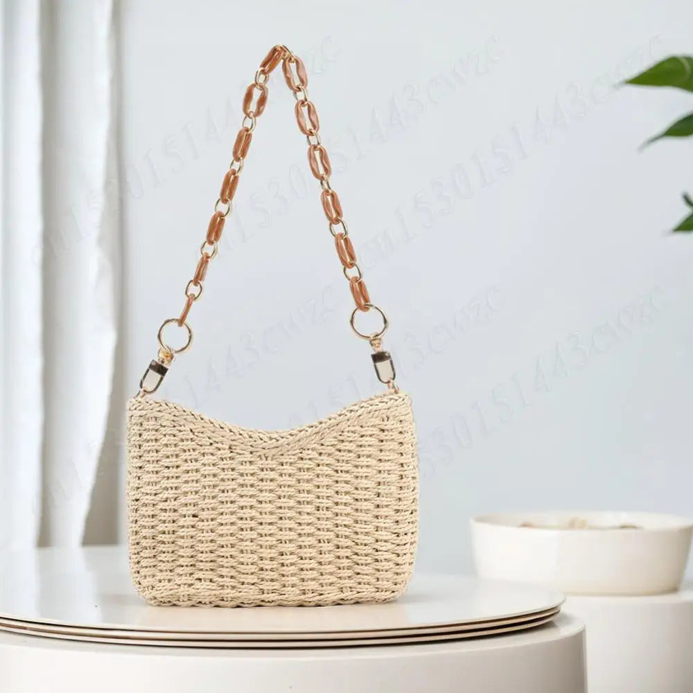 Straw Purse for Women with Chain Woven Shoulder Bag Zipper Underarm Bag Large Capacity Clutch Purse for Travel Vacation