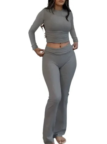 Women's Two-Piece Casual Set Folding Short Sleeve Cubic Top and Low Waist Flare Pants Retro Fashion Yoga Pants Set Sports Set