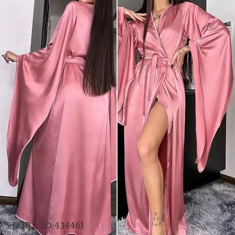 Fashion Wedding Long Robe Dress Women's Homewear Silky Satin Big Sleeve Kimono Gown Bathrobe Loungewear Loose Casual Nightgown