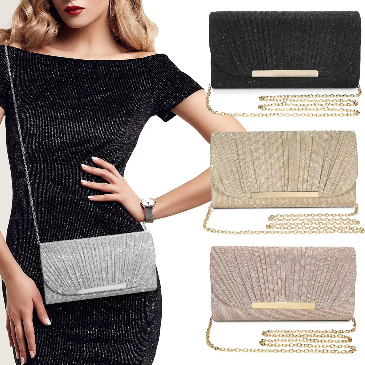 Evening Clutch Bags Fashion Women Elegant Silver Gold Shiny Handbag Wedding Party Long Purses Banquet Clutch Purses Shoulder Bag