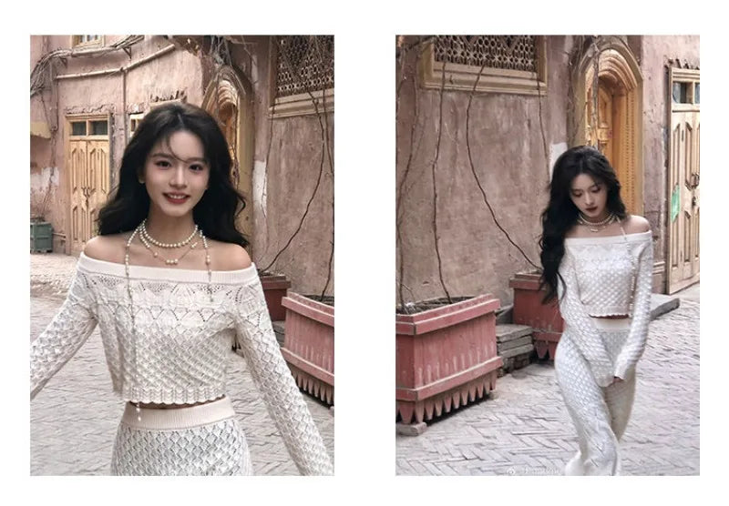 Women's Knitted Sweater Skirt Two-Piece Suit New Sexy Hollow Off-Neck Long Sleeve Sweater Skirt Suit