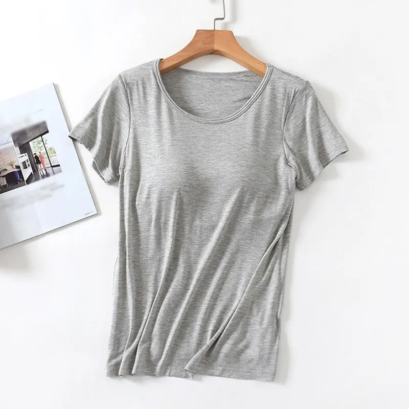 Women's T-Shirt with Chest Pad Tops  One-Piece Bra Cup Slim T Shirt Female Summer Top Bottoming Shirts Home Wear Women Pajamas
