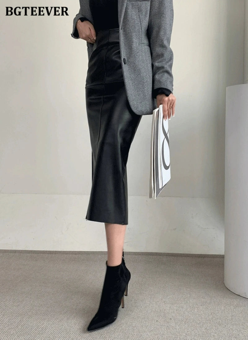BGTEEVER Stylish Package Hip PU Leather Skirts for Women Autumn Elegant High Waist Slim Split Ladies Pencil Skirts