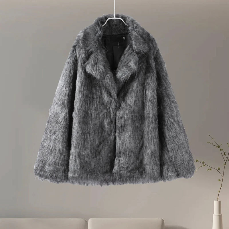 Women Plush Faux Fur Coat Female Casual Turn Down Collar Long Sleeve Warm Overcoat 2024 Winter New Fashion Cardigan Tops Lady