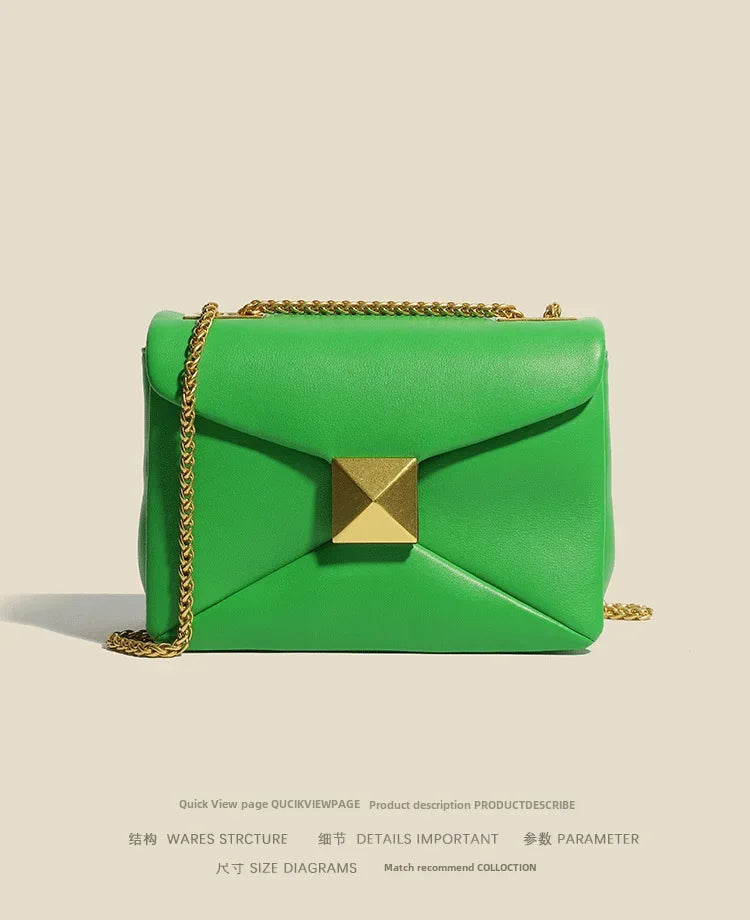 Early Spring Korean Style Cropped Studded Niche Chain Bag 2024 New Trendy Versatile Handbag Genuine Leather Small Square Bag