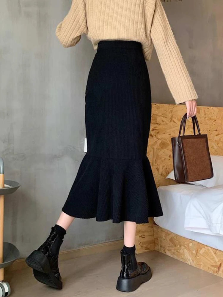 Fashion High Waist Midi Skirts for Women 2023 Spring Slim Fit  Hip Mermaid Skirt Woman Korean Ruffles Brown Skirts 2XL