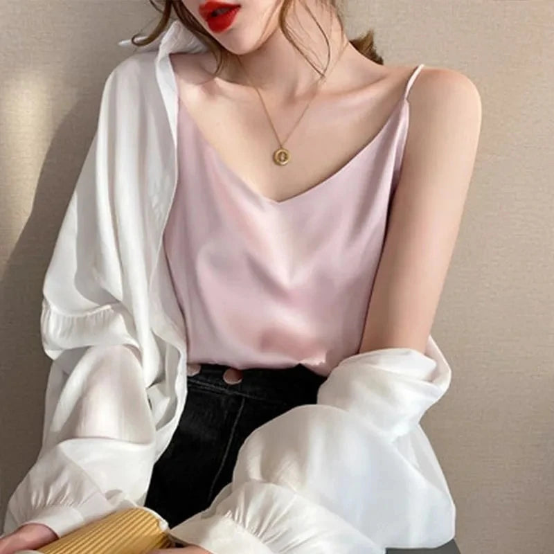 Spaghetti Strap Top Women Halter V Neck Basic White Cami Sleeveless Satin Silk Tank Tops Women Summer 2025 Camisole