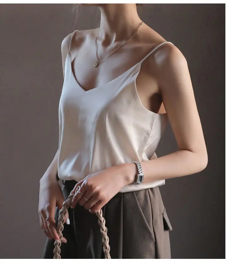 Spaghetti Strap Top Women Halter V Neck Basic White Cami Sleeveless Satin Silk 2025 Tank Tops Women'S Summer Camisole