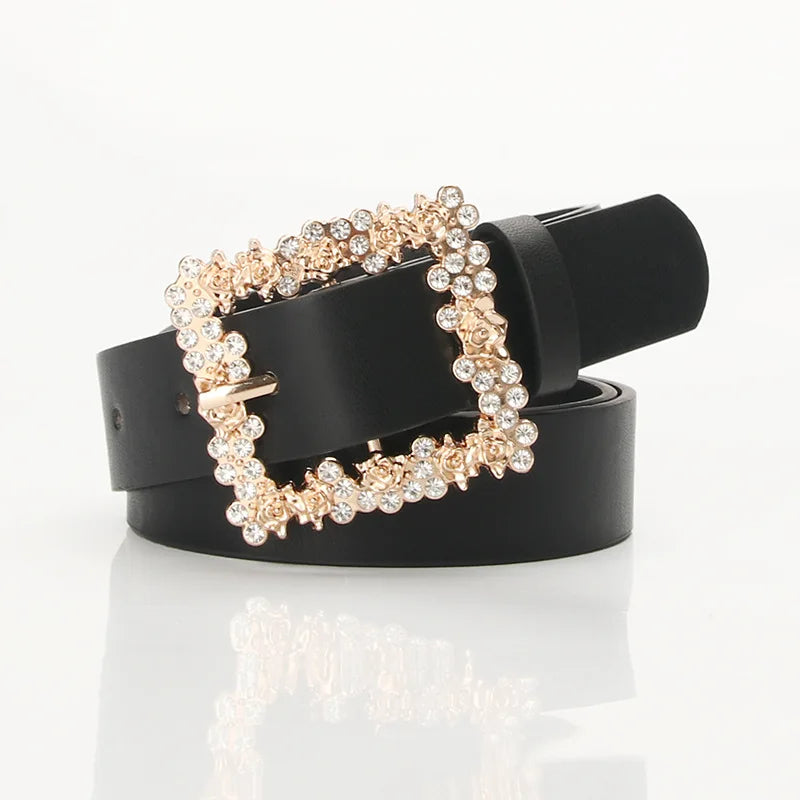 Fashionable Belts for Woman Shiny Rhinestone Beautiful Square Wreath Metal Buckle Solid Color PU Belts
