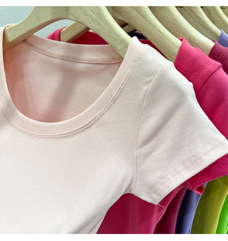 2025 Sexy Square Collar Slim T Shirt Women Cotton Elastic Basic Solid Female Casual Tops Short Sleeve Thin T-shirts See Through