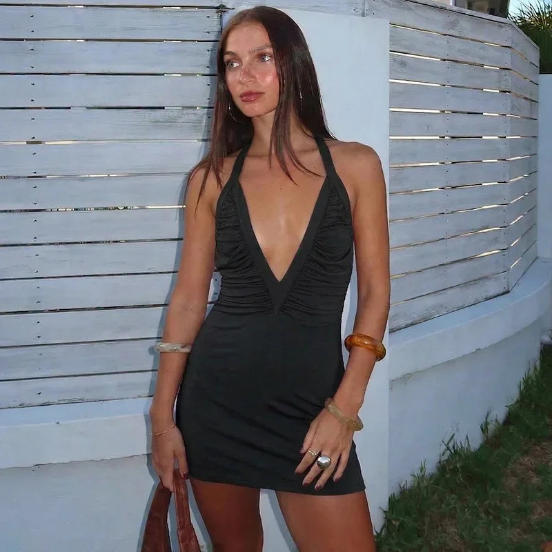 V-Neck Ruched Mini Dress