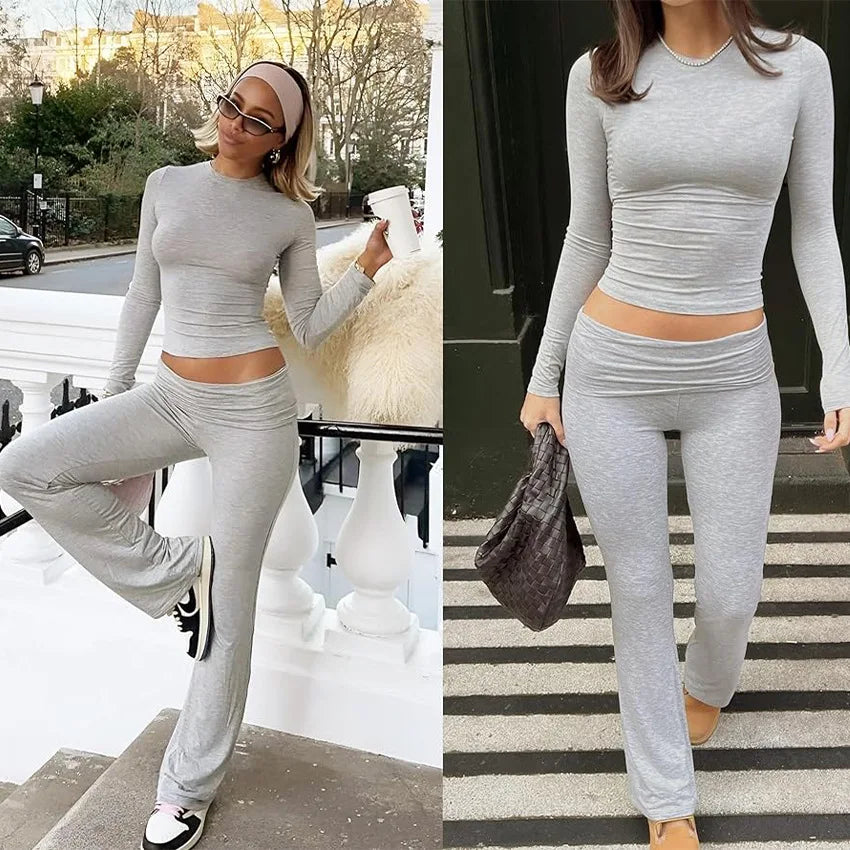 Women's Two-Piece Casual Set Folding Short Sleeve Cubic Top and Low Waist Flare Pants Retro Fashion Yoga Pants Set Sports Set