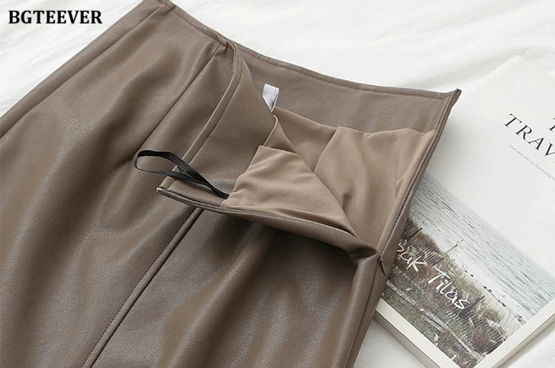 BGTEEVER Stylish Package Hip PU Leather Skirts for Women Autumn Elegant High Waist Slim Split Ladies Pencil Skirts