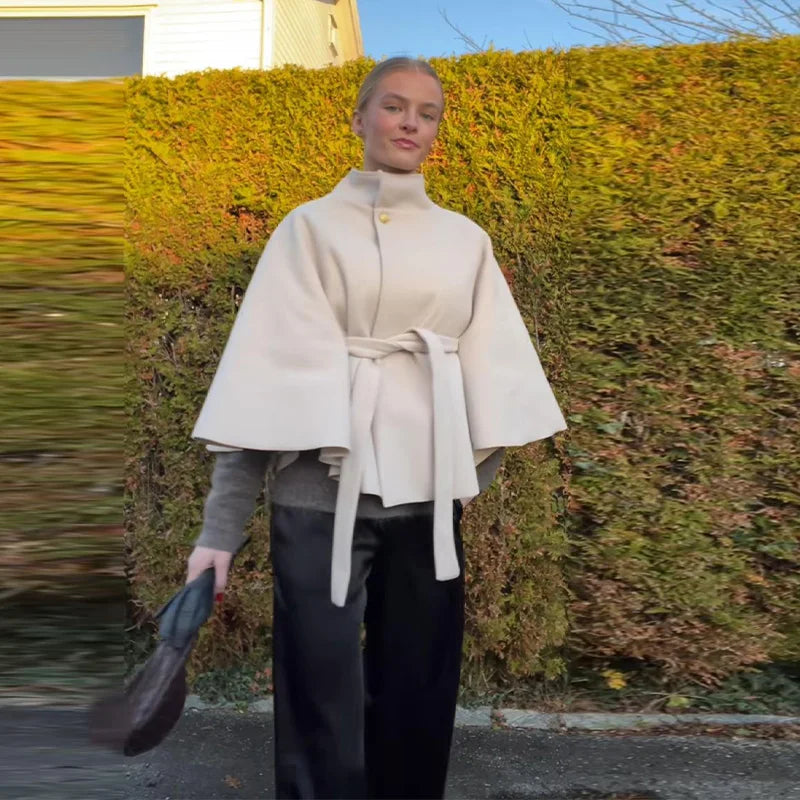 Elegant Women's Short Woolen Coats Loose Stand Collar Double Breasted Pocket Full Sleeve Jacket 2025 Autumn Lady Street Outwear