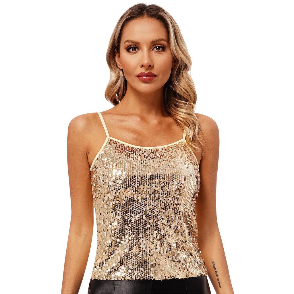 Womens Adjustable Spaghetti Straps Sparkly Sequin Tops Slim Fit Patchwork Tank Top for Pole Dancing Disco Night Out Costume