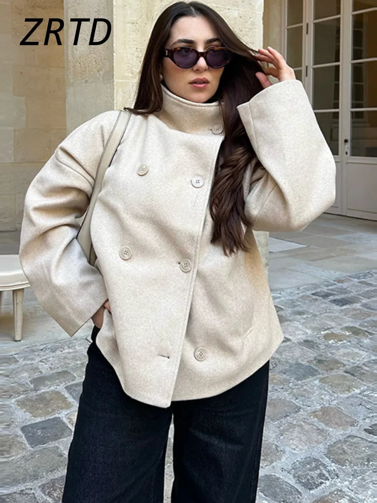 Elegant Women's Short Woolen Coats Loose Stand Collar Double Breasted Pocket Full Sleeve Jacket 2025 Autumn Lady Street Outwear
