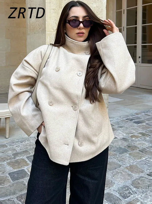Elegant Women's Short Woolen Coats Loose Stand Collar Double Breasted Pocket Full Sleeve Jacket 2025 Autumn Lady Street Outwear