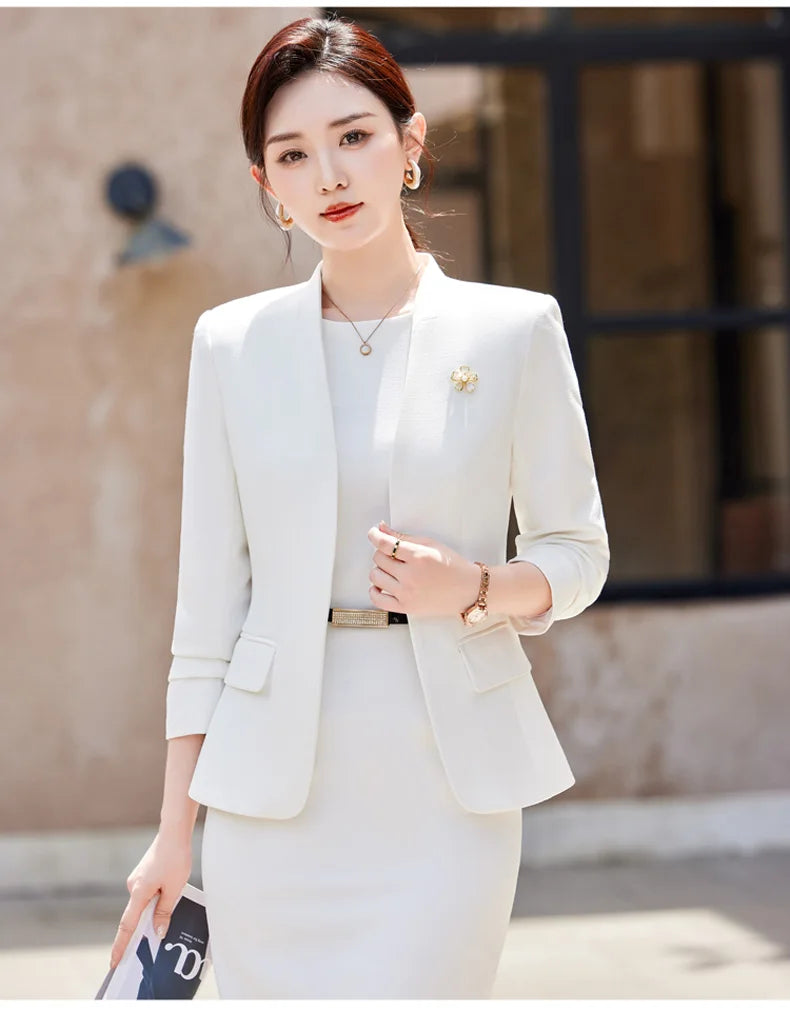 NAVIU Two Piece Dress Suits For Women Long Sleeve Solid Slim Fit Fashionable Momochromatic New Office Ladies Work Wear White