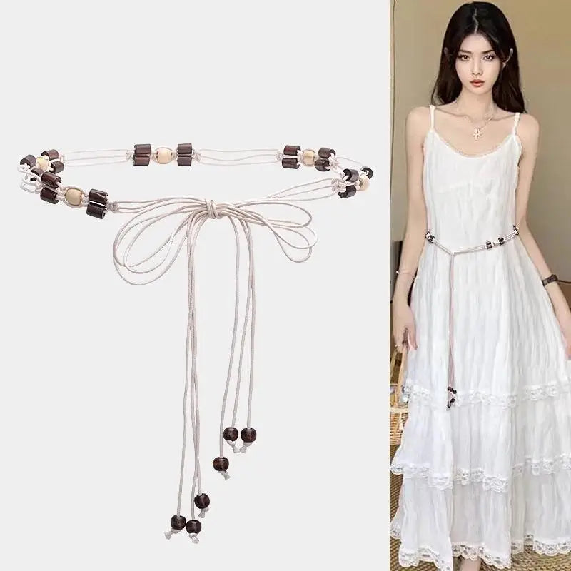 Belts For Women Knot Waistband Summer Boho Shell Bead Dress Jeans Belt Female Beach Accessory Beige Wax Cord