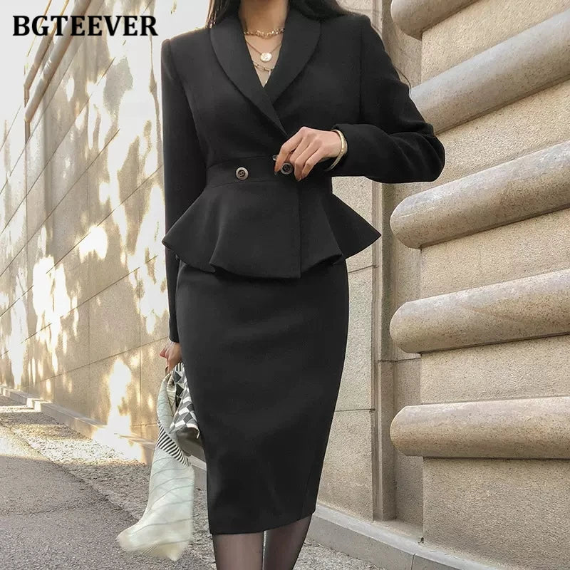 BGTEEVER Elegant Ladies Skirt Suits Double Breasted Slim Waist Blazer & High Waist Package Hip Skirts Women 2 Pieces Set