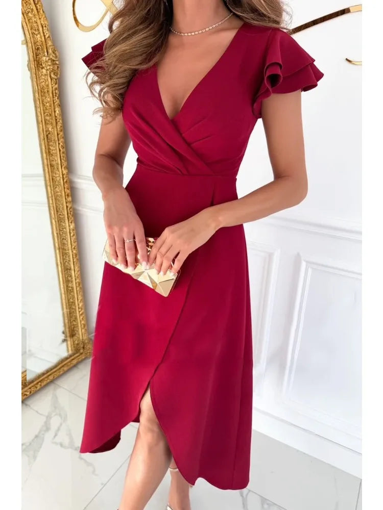 Women's Solid Color Dress Sexy Deep V Neck Short Sleeve Bodycon Package Hips Party Dresses Female Fashion Casual Dress