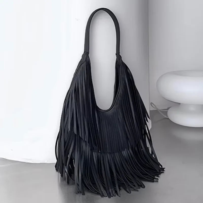 Tassel Large Capacity Brand Tote Bag Black Leather High Quality Luxury Fashion Women Shoulder Bag Soft Casual Hobos Armpit Bag