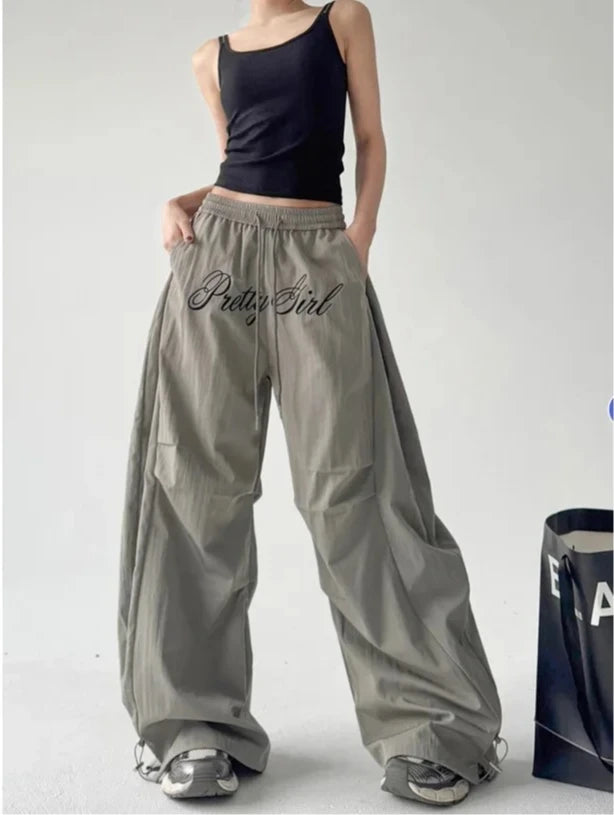 Women Loose Dancing Long PantsGrey Letter Embroidery Jazz Dance Pants Wide Leg Workwear Trousers for