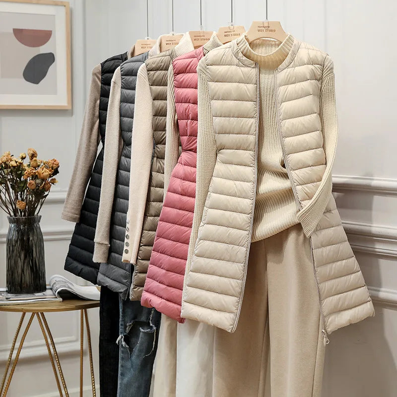 Autumn and Winter New Light Thin down Vest Women round Neck Mid-Length Waistcoat down Liner Vest Vest Outerwear