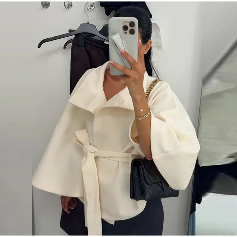 Elegant Lace Up Loose Fit Cape Coat Women's Autumn Winter Oversized High Neck Belted Wrap Jacket Fashion Warm Outerwear Outfit