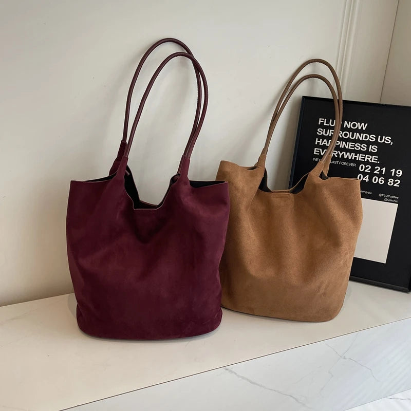 2pcs/set  Women Tote Bags Work Bags Suede Slouchy Bag Hobo Handbag Tote Handbag Suede Shoulder Bag Solid Color Commuting Bag