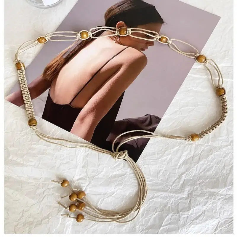 Belts For Women Knot Waistband Summer Boho Shell Bead Dress Jeans Belt Female Beach Accessory Beige Wax Cord