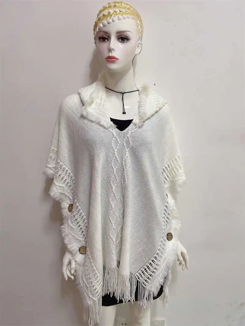 Hooded Crochet Cloak Poncho Shawl - Boho Chic Fringed Knit Wrap for Women, Spring-Autumn Versatile Outerwear